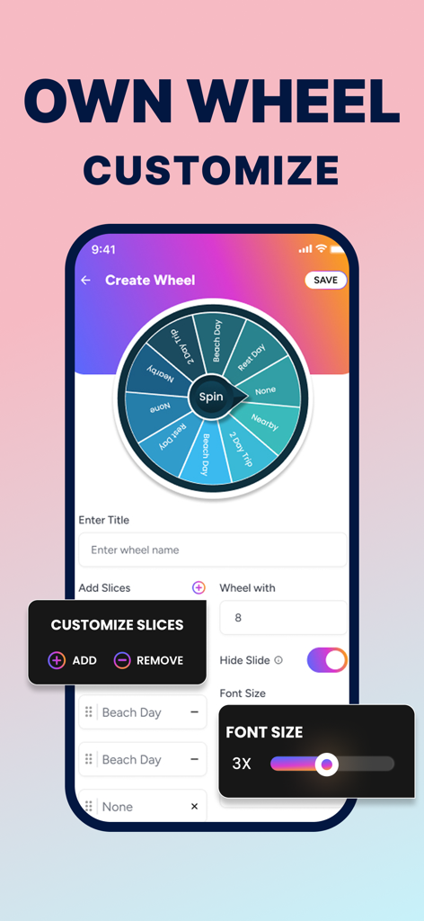 Spin The Wheel - Happy Wheels - Uma interface móvel mostrando as opções de personalização para criar uma roda giratória personalizada no aplicativo Happy Wheels.