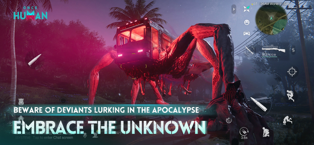 Once Human - Un monstre déviant géant en forme de bus avec de longues pattes charnues dans le monde ouvert surnaturel de Once Human.