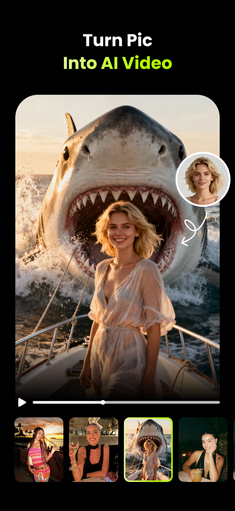 LumixAI: Turn Pic to Hot Video - LumixAI app interface showing a photo of a woman on a boat being transformed into an AI video with a giant shark