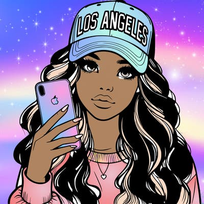 realistic beautiful girl wearing los ángeles cap holding an iphone