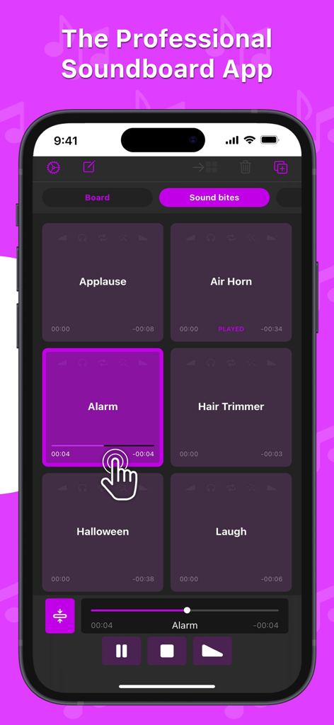 Soundboard Studio - Professional soundboard app grid featuring sound effect buttons like applause and alarm with playback controls