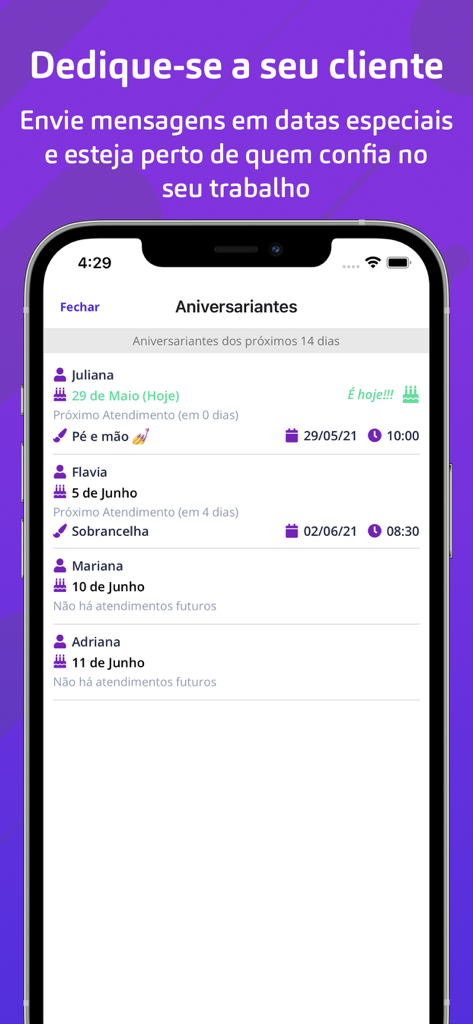 Un écran d'application mobile montrant une liste des prochains anniversaires des clients avec leurs prochains rendez-vous prévus.