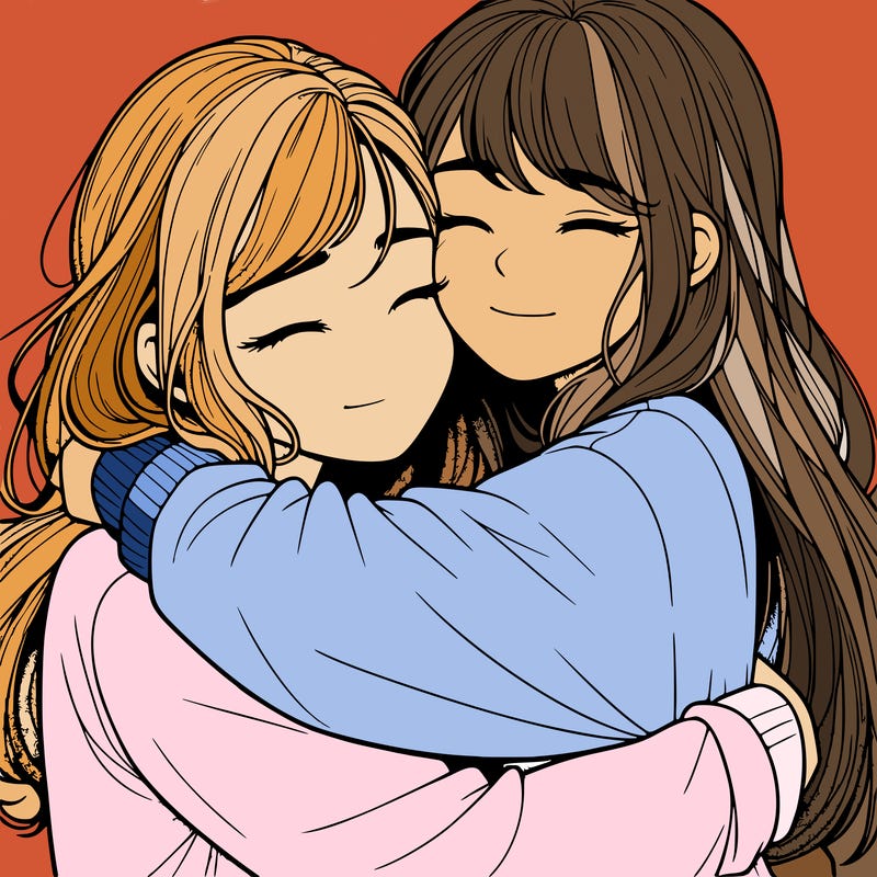 realistic two girls hugging