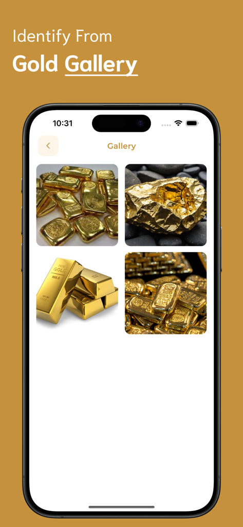 Gold Identifier - Gold Identifier app gallery screen with gold bar and nugget photos