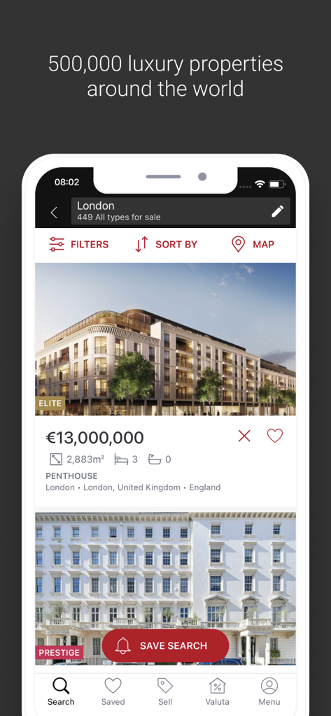 LuxuryEstate app interface showing a 13 million euro penthouse listing in London