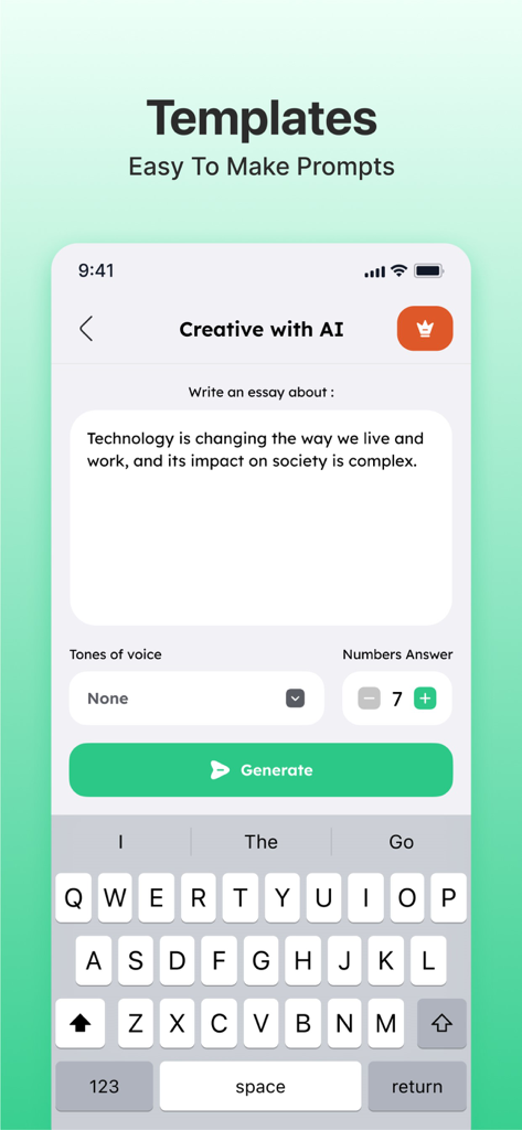 Una pantalla móvil que muestra una plantilla para escribir un ensayo usando IA.