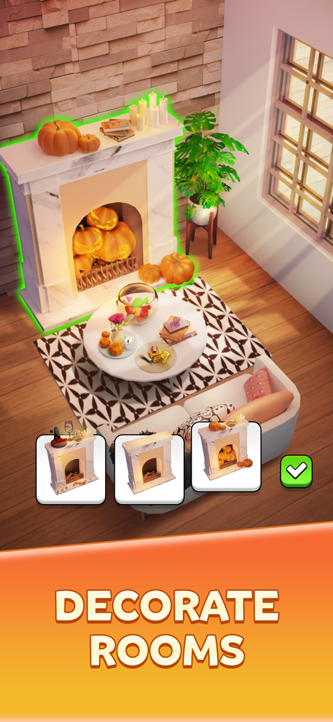 Interior decoration feature in Collect Em All showing a cozy living room with a fireplace and pumpkins
