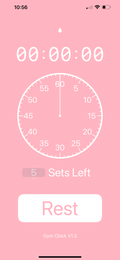 GymClock. - GymClock minimalist workout timer showing rest button and sets tracker.