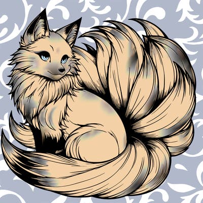 realistic detailed 9 tailed anime fox
