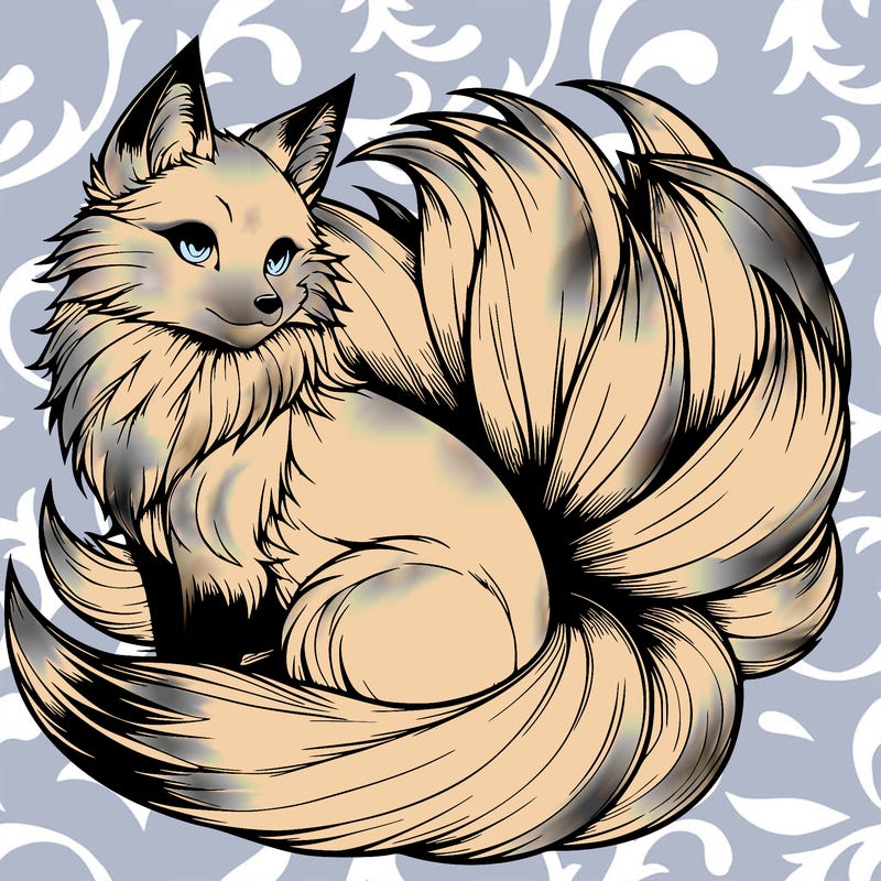 realistic detailed 9 tailed anime fox