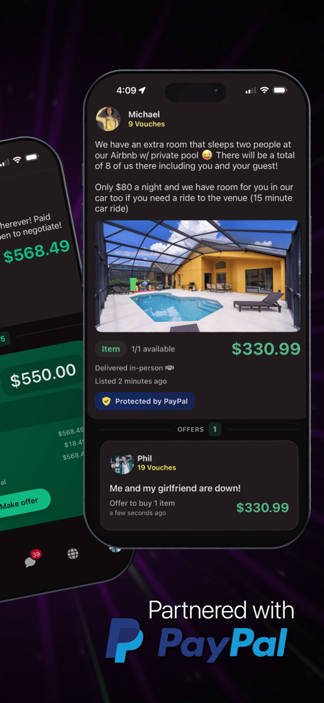Radiate - Radiate app interface showing a marketplace listing for festival accommodation protected by PayPal
