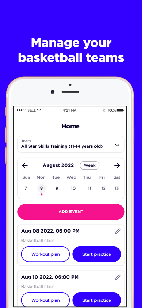 Level Up - Basketball Training - Interface de l'application Level Up montrant un écran de gestion d'équipe de basketball avec un calendrier d'entraînement et des options de plan d'entraînement.