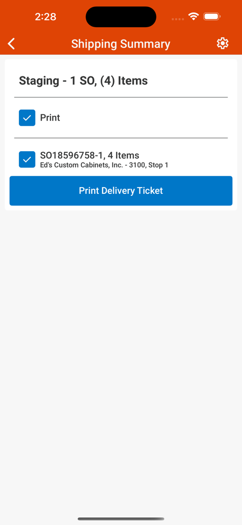 Agility Mobile Warehouse Tools shipping summary screen showing options to print delivery tickets for staged inventory items