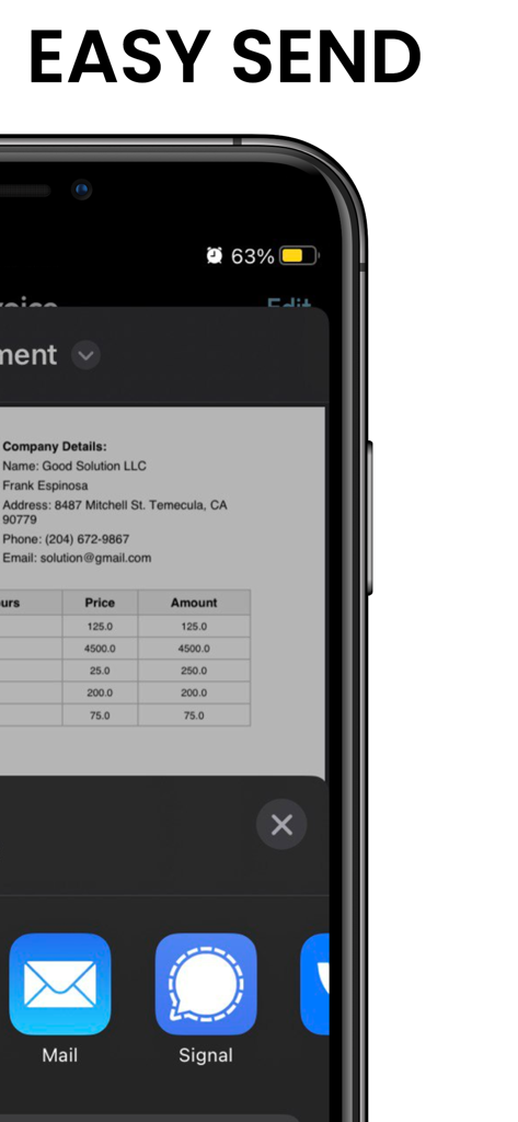 Invoice Maker - PDF Creator - A mobile app screen showing a PDF invoice preview on an iPhone with quick sharing options via Mail and Signal
