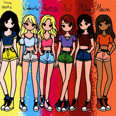 a group of girls wearing crop tops and shorts