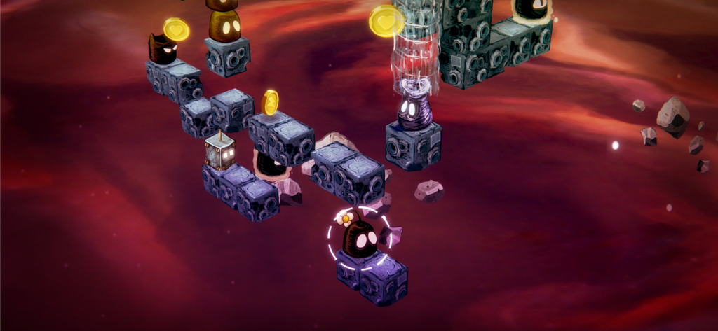 Nível de quebra-cabeça isométrico de About Love and Hate 2 com personagens em blocos flutuantes contra um fundo de nebulosa vermelha