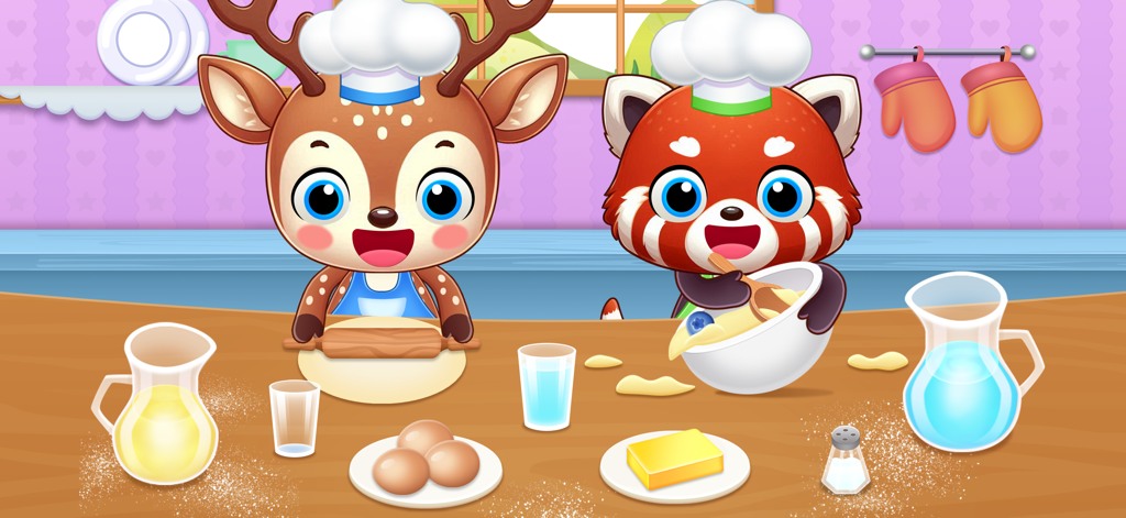 Kids Cooking Game 2+ year olds - Cartoon deer and red panda wearing chef hats preparing dough and mixing ingredients in a kitchen
