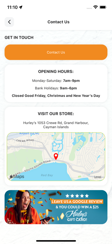 Hurleys app contact screen showing store address, opening hours, and a map of the Grand Harbour location.