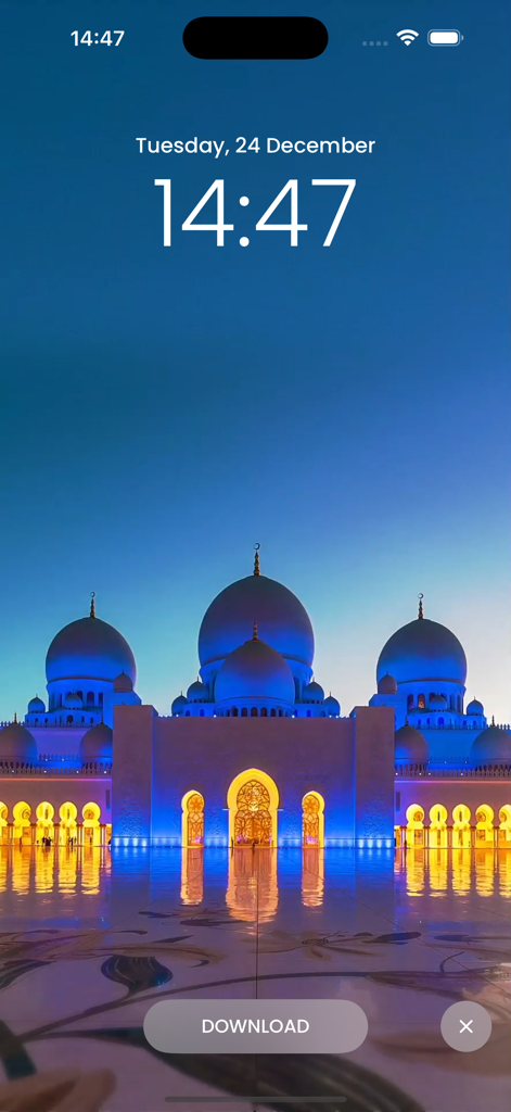 iPhone lock screen displaying a 4K live wallpaper of the Sheikh Zayed Grand Mosque with blue night lighting