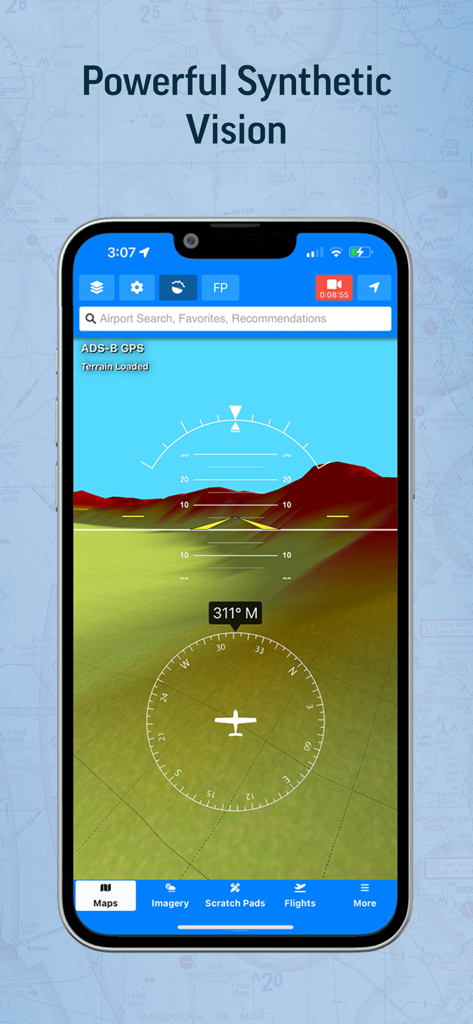 Aviator Assistant: Weather EFB - Aviator Assistant synthetic vision display showing 3D terrain and flight navigation instruments