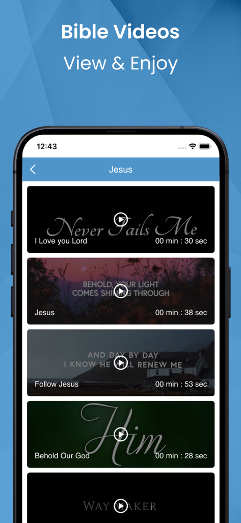 La Santa Biblia. Spanish Bible - iPhone screen displaying a collection of inspirational Bible videos and devotionals