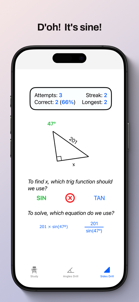 SOH CAH TOA - A trigonometry practice screen from the SOH CAH TOA app showing a triangle problem, feedback stats, and equation selection options.