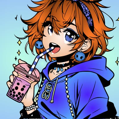 hot baddie anime girl drinking boba and biting the straw