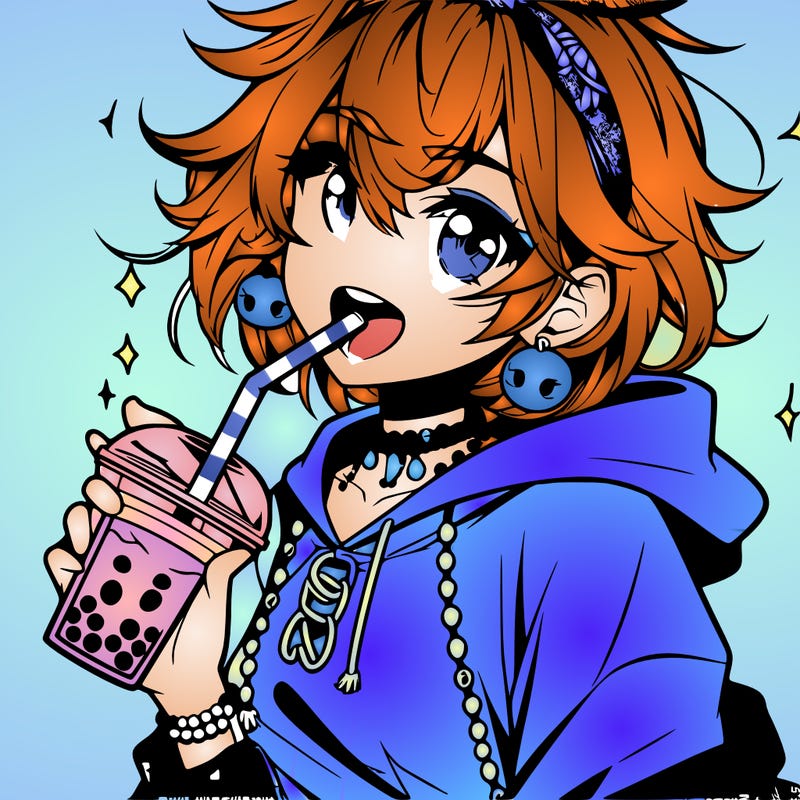 hot baddie anime girl drinking boba and biting the straw