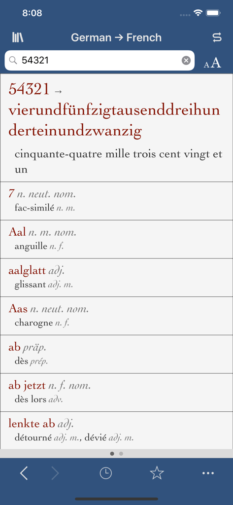 Ultralingua Französisch-Deutsch App zeigt eine Zahlenübersetzung und Wörterbucheinträge für deutsche Wörter an.