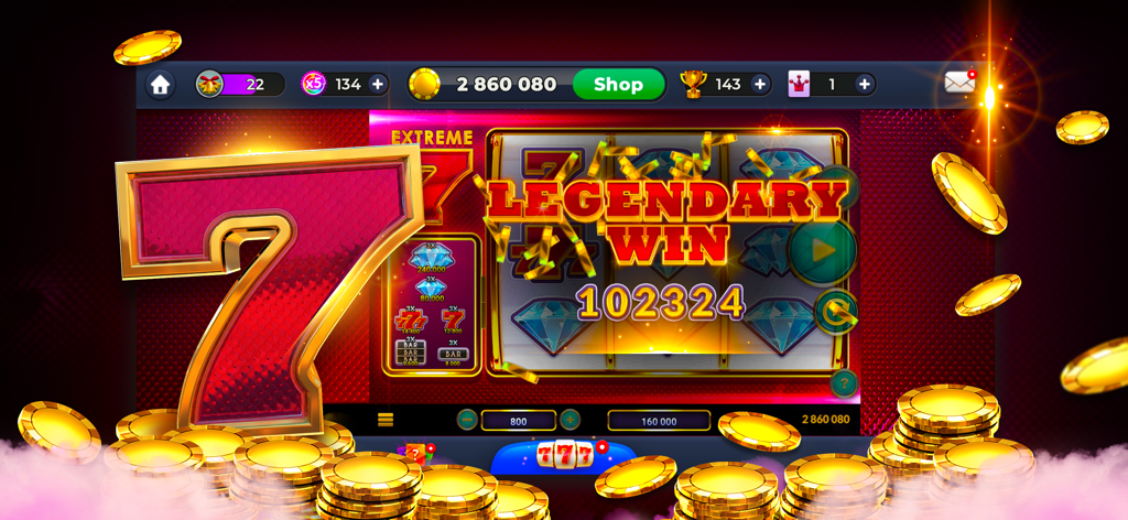 YOURE Casino - online slots - YOURE Casino mobile app showing a Legendary Win screen with a large golden number seven and stacks of gold coins
