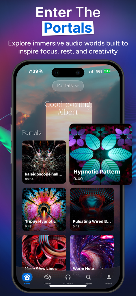 Omnira: Focus & Sleep Sounds - Omnira app interface displaying immersive audio portals for focus rest and creativity