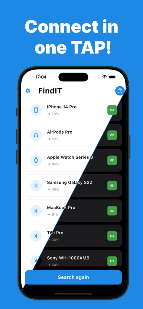 Findit - Find Bluetooth Device - Interfaz de la aplicación Findit mostrando una lista de dispositivos Bluetooth cercanos con porcentajes de intensidad de señal y un botón de conexión rápida.