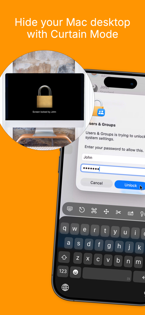 Screens for Organizations - iPhone showing Screens for Organizations Curtain Mode feature to hide a remote Mac desktop for privacy