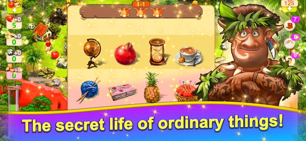 울창한 숲 환경에서 거대한 일상 물체 옆에 있는 친근한 부족 브라우니 캐릭터.