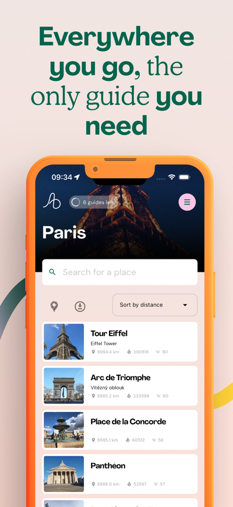 Audiala: Universal Tour Guide - Interface de l'application Audiala affichant une liste de visites organisées pour les monuments de Paris, y compris la Tour Eiffel et l'Arc de Triomphe.