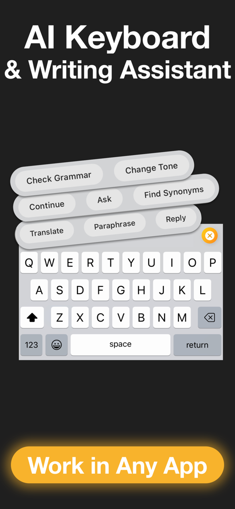 CorrectMe Grammar AI Keyboard - CorrectMe AI keyboard interface with features like grammar check translate and find synonyms