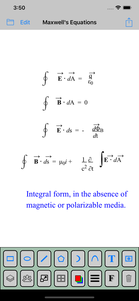 TechDraw - TechDraw app displaying Maxwells Equations using the integral form equation editor.