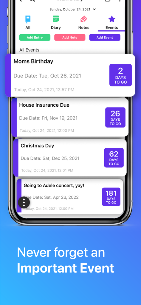 iDailyDiary: Diary Journal - Interfaz de la aplicación iDailyDiary mostrando una lista de próximos eventos con cuenta regresiva de días