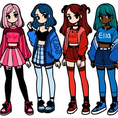 one girl with crop-top shirt and a jacket with a skirt, long socks and another girl with a shirt and pants with a jacket