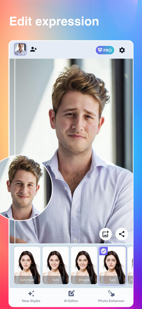 OLyne: AI Photo Editor, Art - Interface of OLyne AI photo editor showing facial expression adjustments on a male portrait