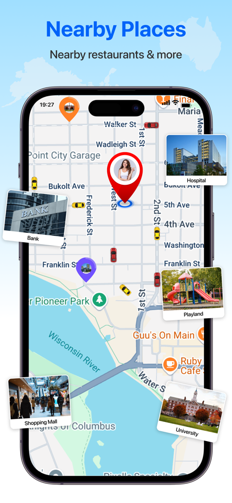 GPS Maps & Voice Navigation - A smartphone displaying a GPS navigation app with a map showing nearby locations like banks hospitals and shopping malls