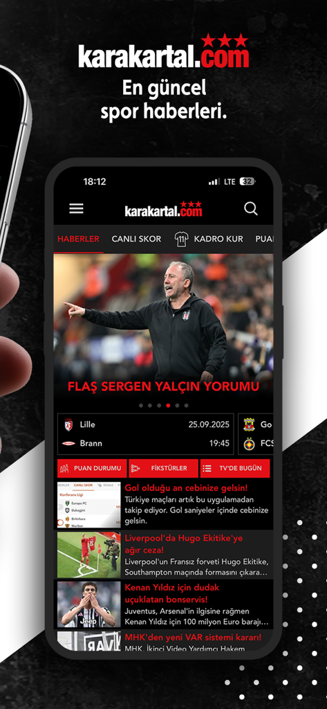 Ein Smartphone, das den Startbildschirm der Karakartal-App mit türkischen Fußballnachrichten und Live-Ergebnissen anzeigt
