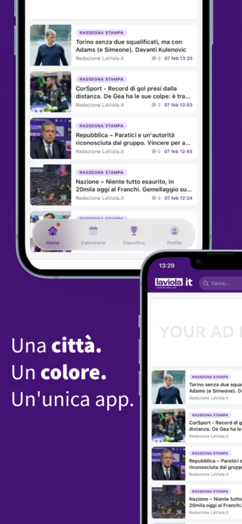 LaViola.it - Interfaccia dell'app LaViola.it che mostra notizie del team della Fiorentina e articoli su telefoni cellulari