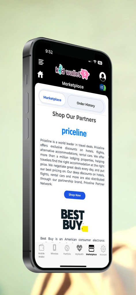 Kid Wallet - Kid Wallet app marketplace interface showing shopping partners like Priceline and Best Buy