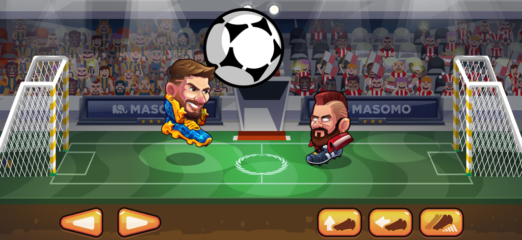 Dois personagens cabeçudos jogando uma partida de futebol no Head Ball 2