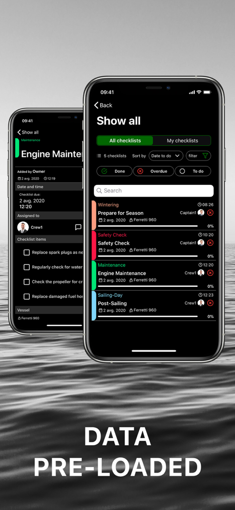 Yacht Manager App - Yacht Manager App interface displaying pre-loaded checklists for yacht maintenance and safety tasks