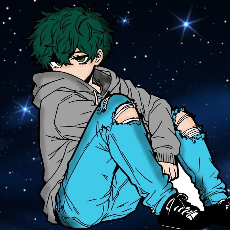 a male hoddie ripped jeans messy hair anime