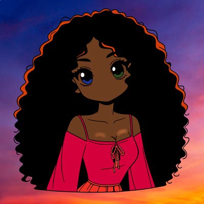 a black anime girl with long afro hair