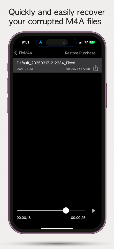 FixM4A - FixM4A mobile app interface displaying a recovered audio file and playback controls on an iPhone