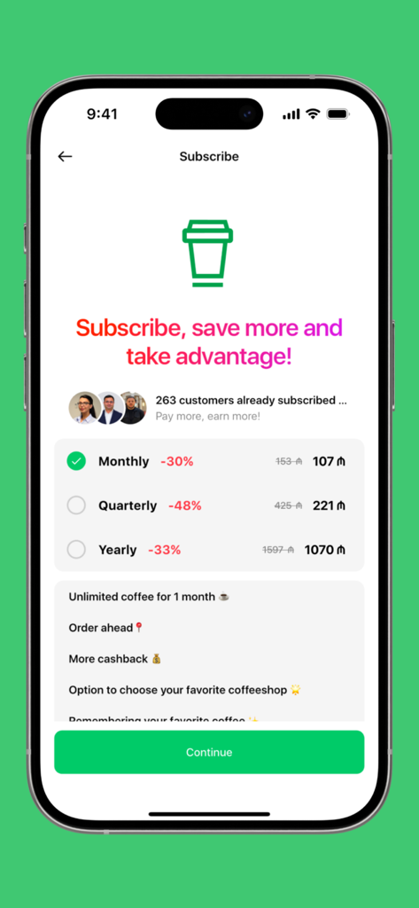 Coffeein App-Abonnement-Benutzeroberfläche mit Optionen für monatliche, vierteljährliche und jährliche Pläne mit Rabatten und Vorteilen.